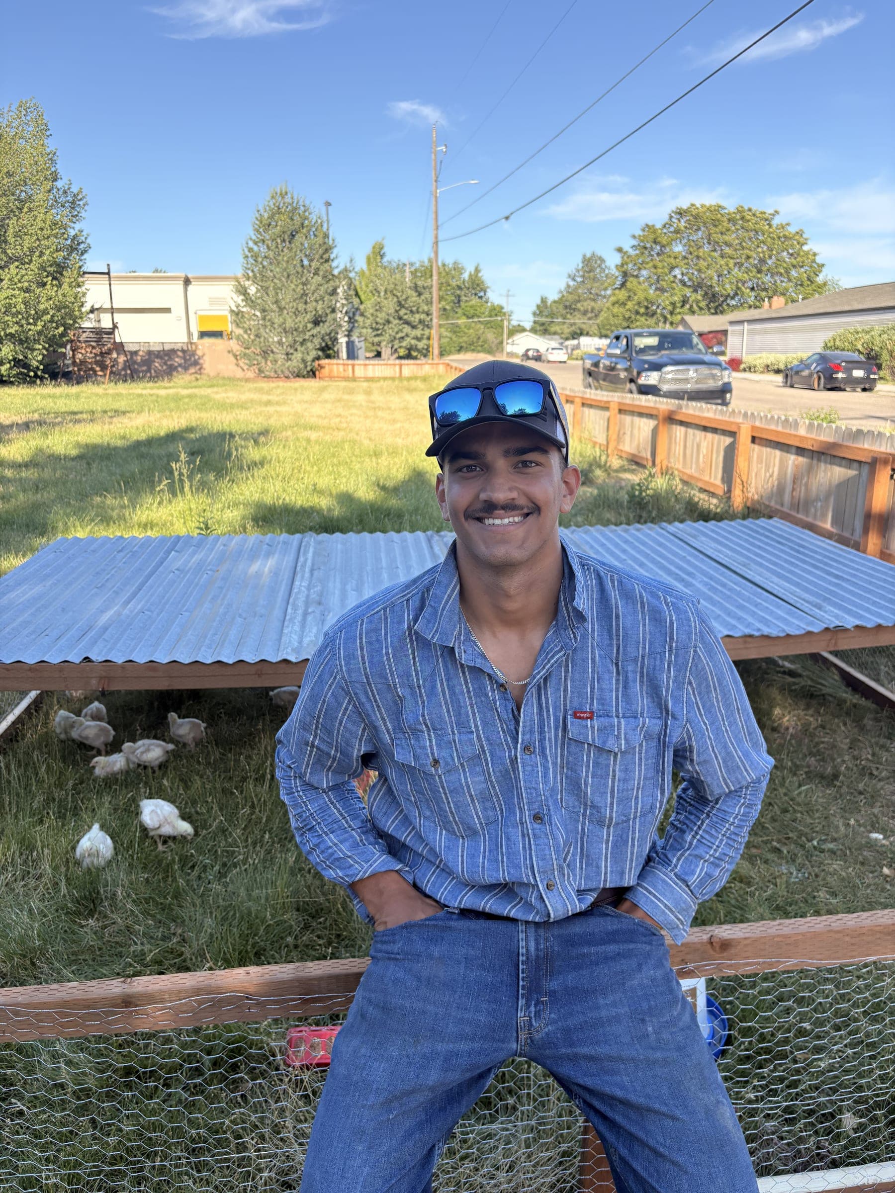 Alex Srinivasan sitting on a chicken tractor with young birds on the grass behind him
